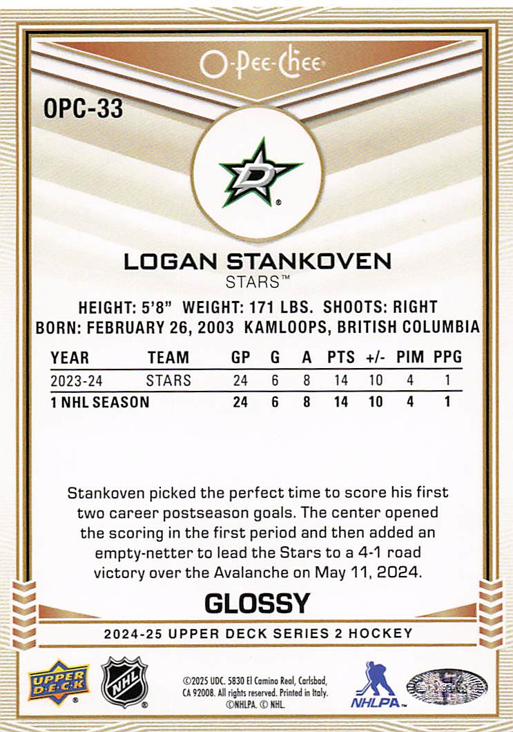 2024-25 Upper Deck Hockey O-Pee-Chee Glossy Logan Stankoven #OPC-33