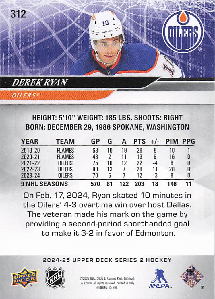 2024-25 Upper Deck Hockey Derek Ryan #312