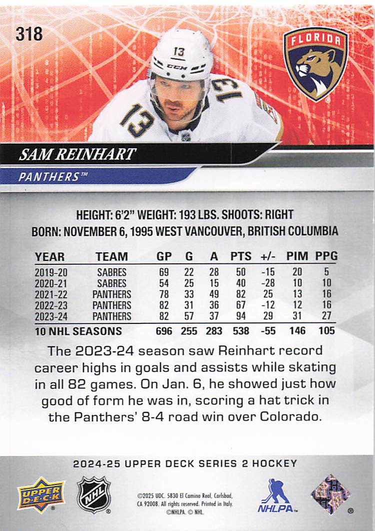 2024-25 Upper Deck Hockey Sam Reinhart #318