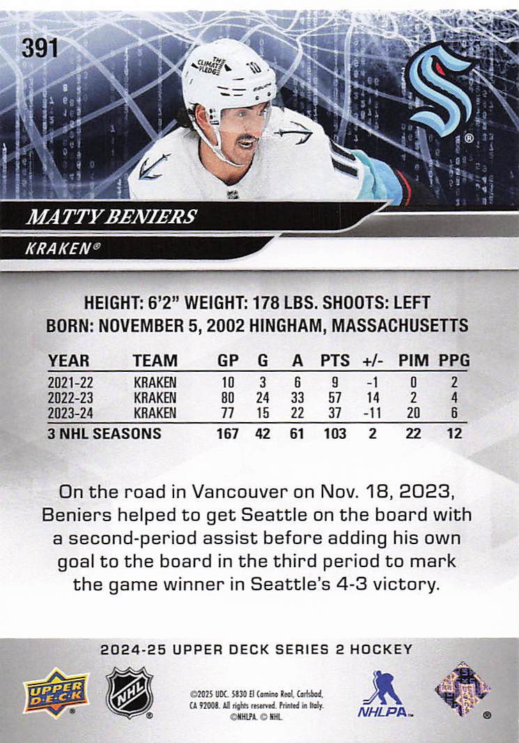 2024-25 Upper Deck Hockey Matty Beniers #391