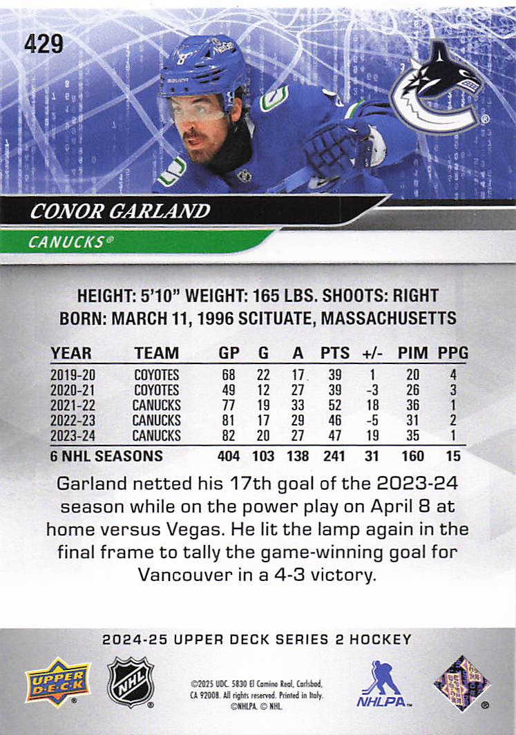 2024-25 Upper Deck Hockey Conor Garland #429