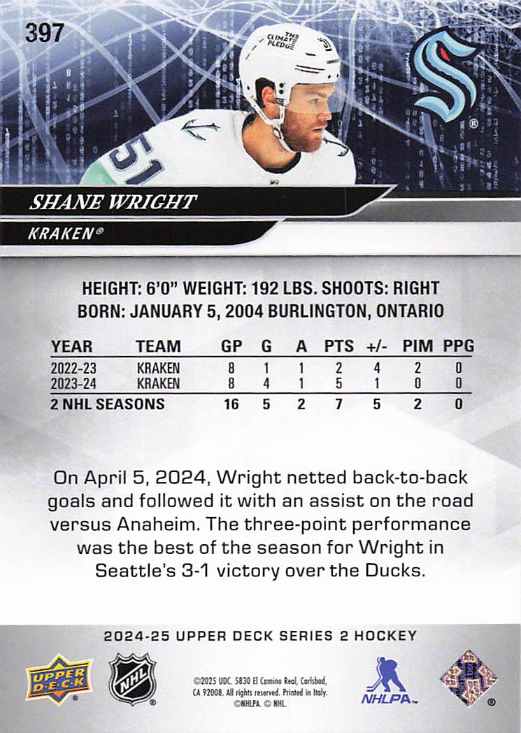 2024-25 Upper Deck Hockey Shane Wright #397