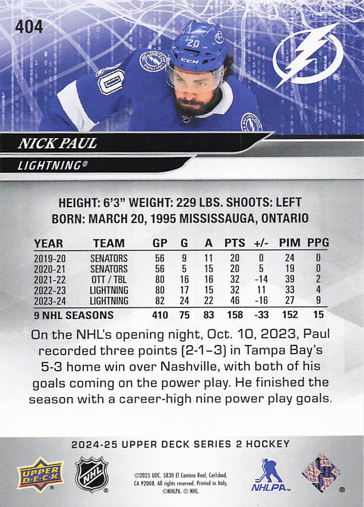 2024-25 Upper Deck Hockey Nick Paul #404