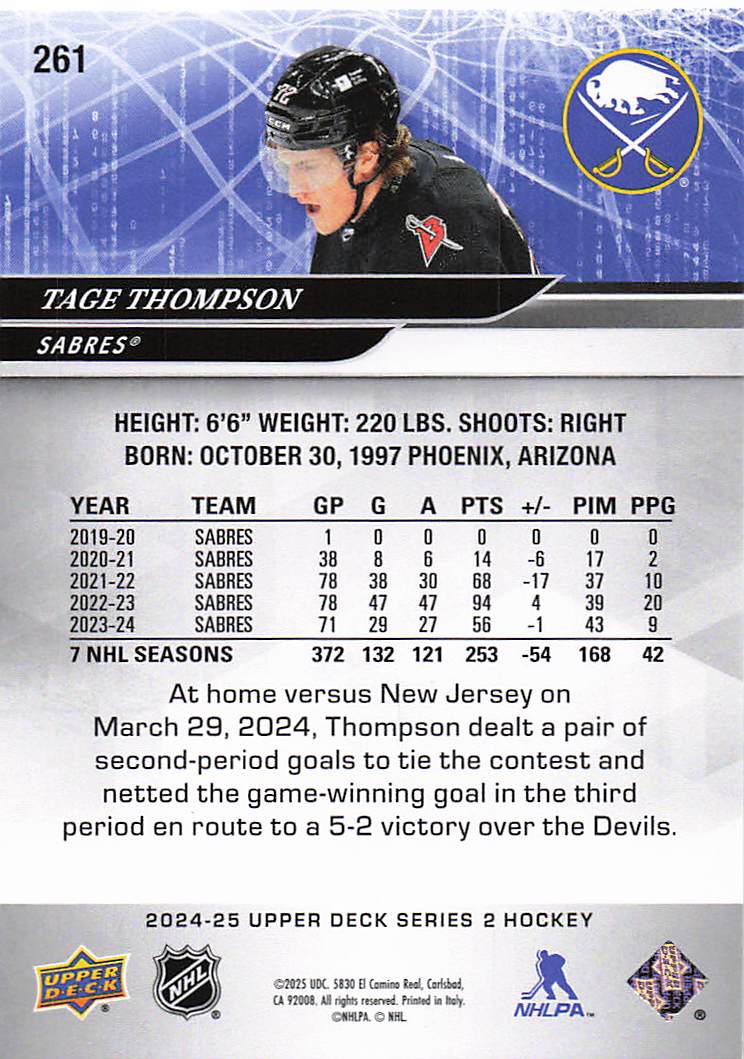 2024-25 Upper Deck Hockey Tage Thompson #261