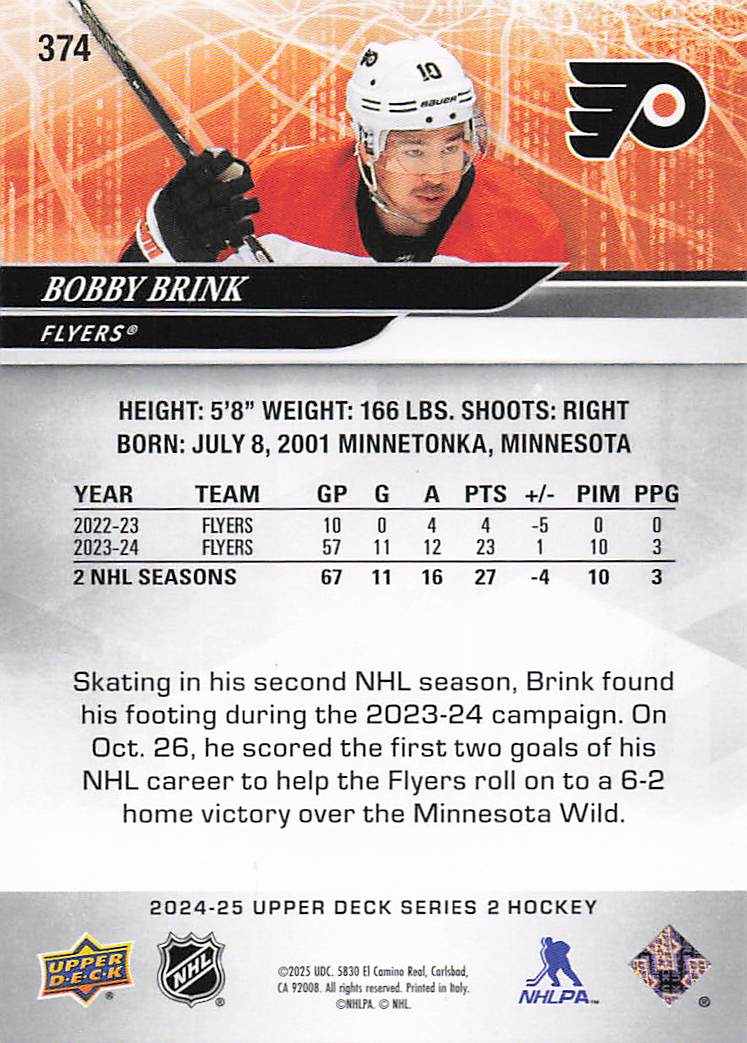2024-25 Upper Deck Hockey Bobby Brink #374