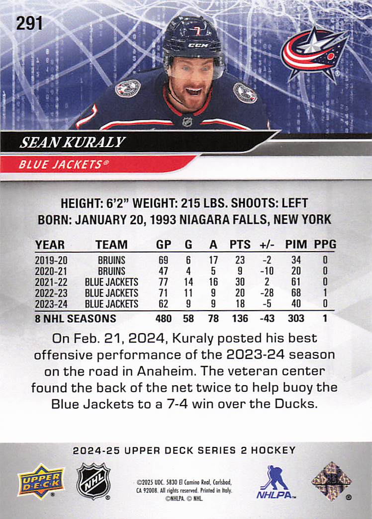 2024-25 Upper Deck Hockey Sean Kuraly #291