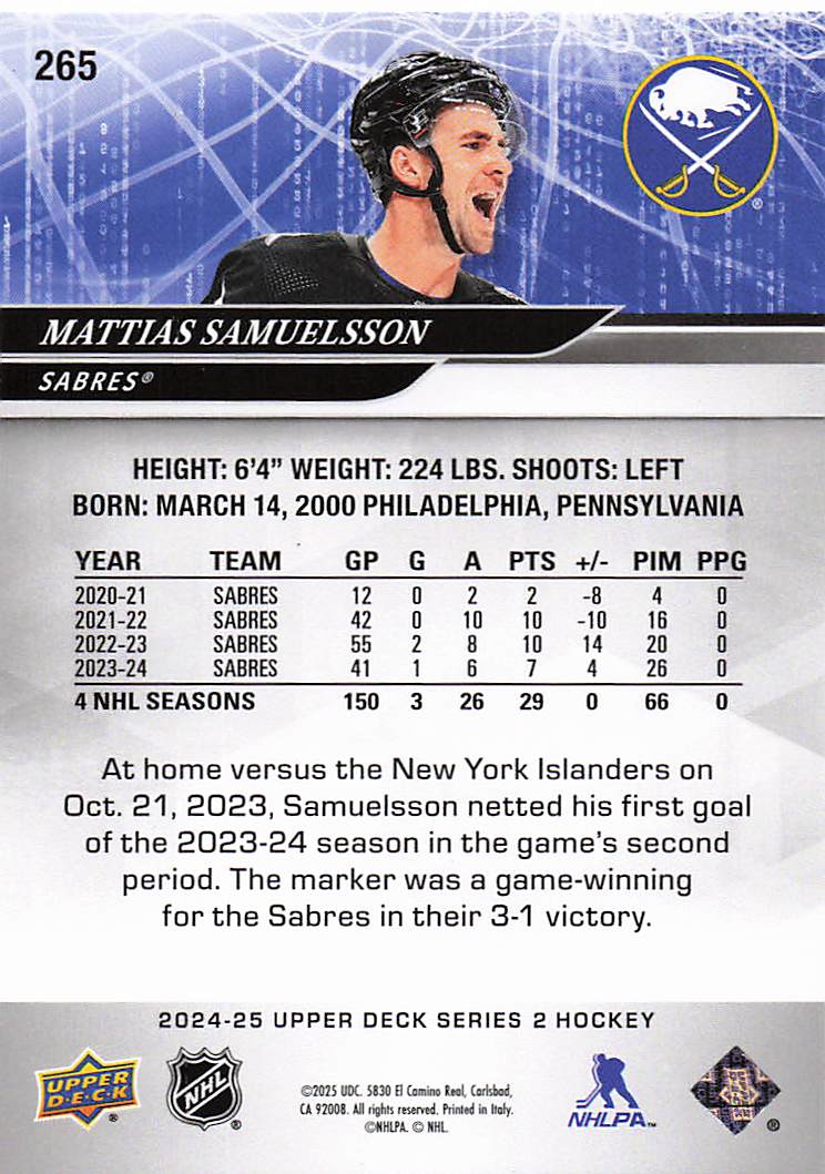 2024-25 Upper Deck Hockey Mattias Samuelsson #265