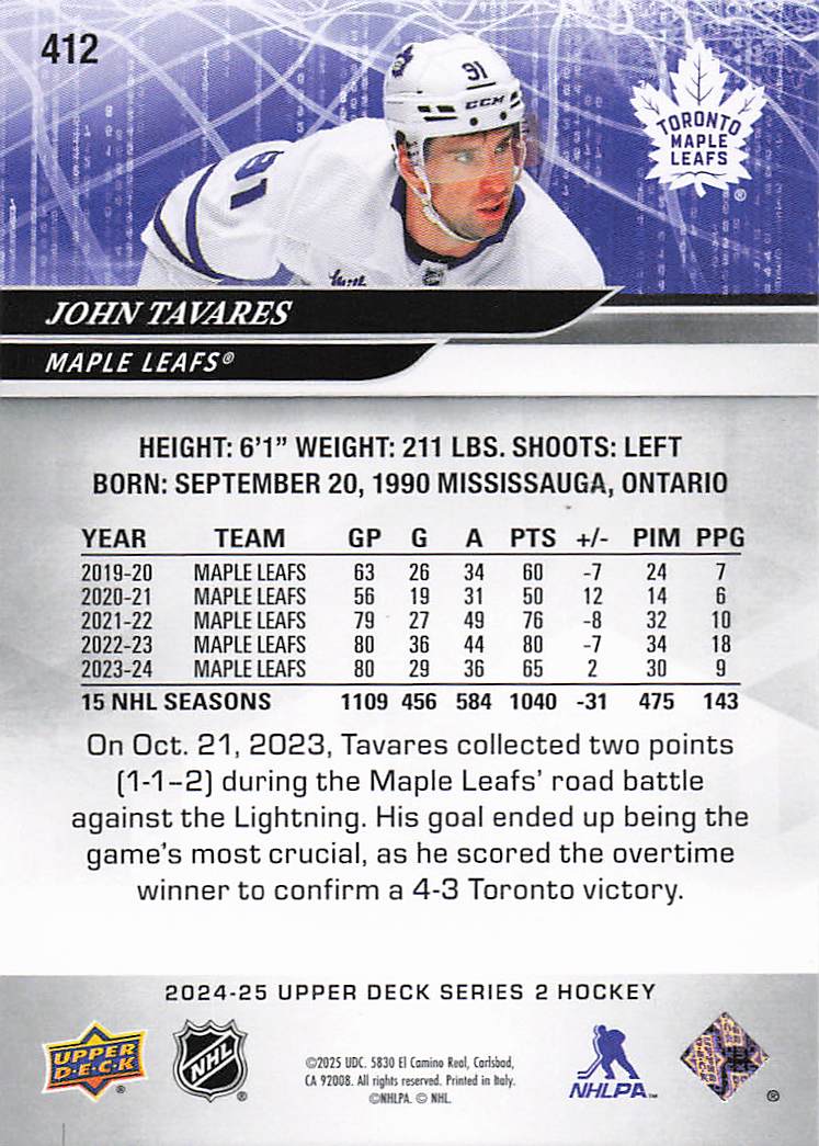 2024-25 Upper Deck Hockey John Tavares #412