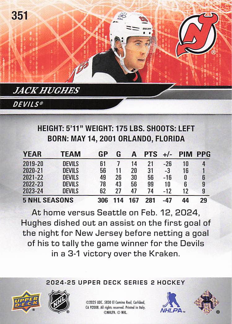 2024-25 Upper Deck Hockey Jack Hughes #351