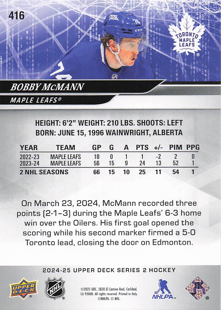 2024-25 Upper Deck Hockey Bobby McMann #416