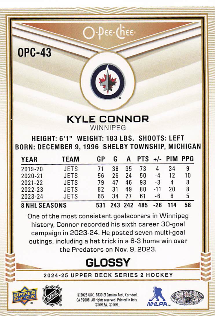 2024-25 Upper Deck Hockey O-Pee-Chee Glossy Kyle Connor #OPC-43
