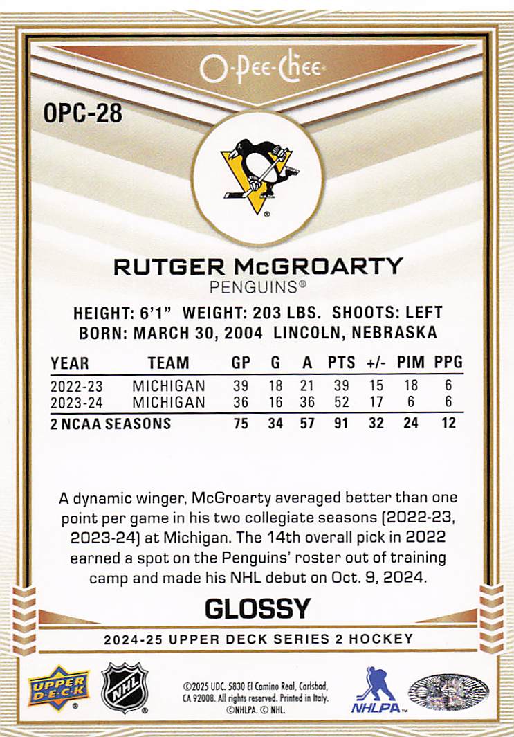 2024-25 Upper Deck Hockey O-Pee-Chee Glossy Rutger McGroarty #OPC-28