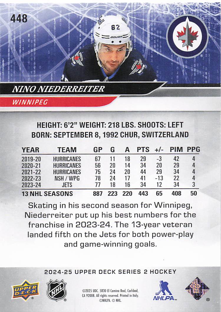 2024-25 Upper Deck Hockey Nino Niederreiter #448