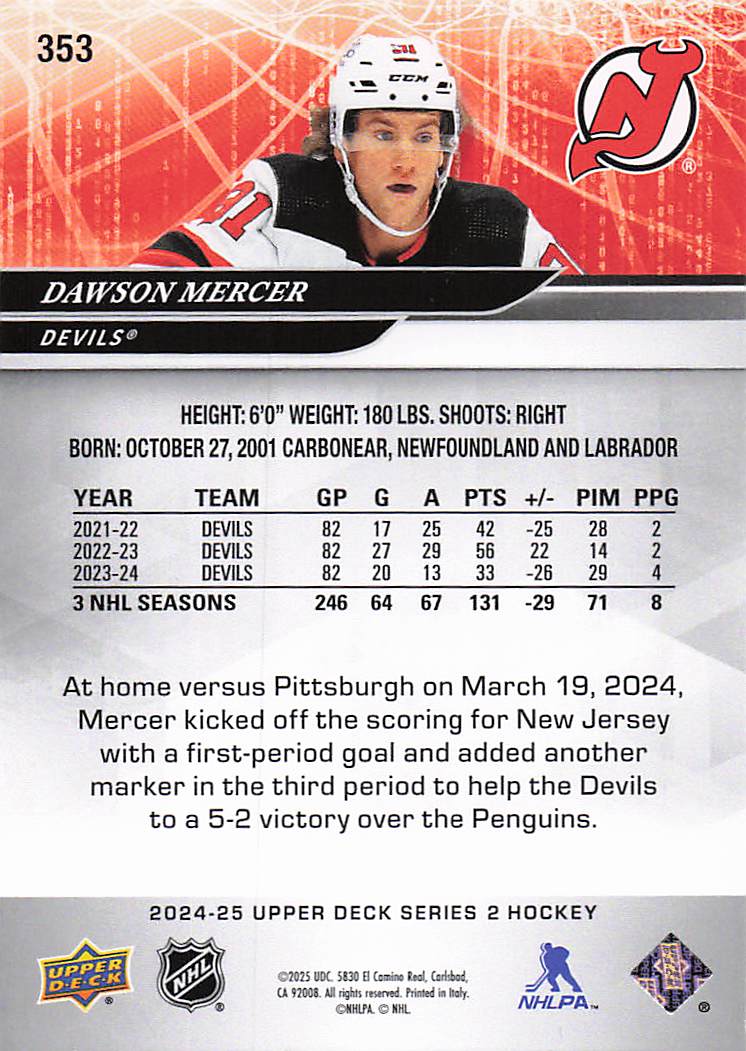 2024-25 Upper Deck Hockey Dawson Mercer #353
