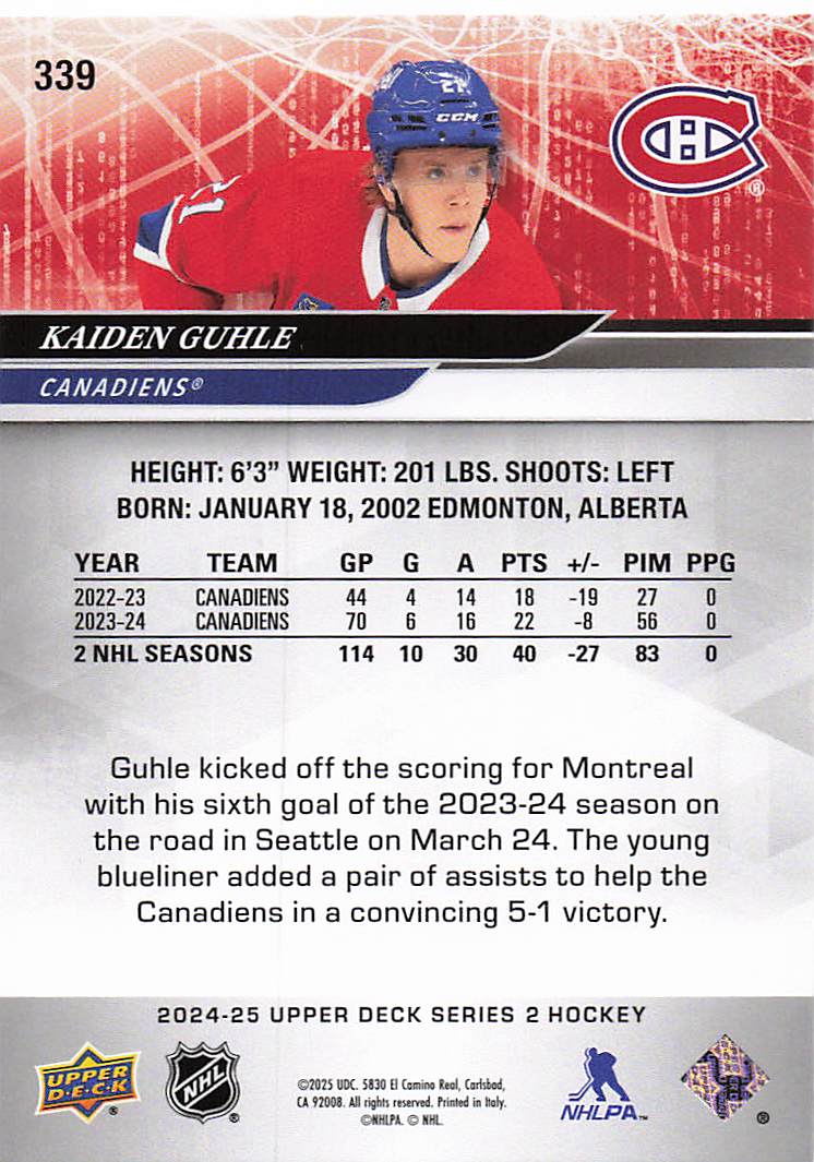 2024-25 Upper Deck Hockey Kaiden Guhle #339