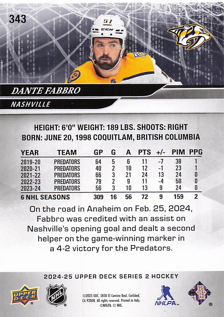 2024-25 Upper Deck Hockey Dante Fabbro #343