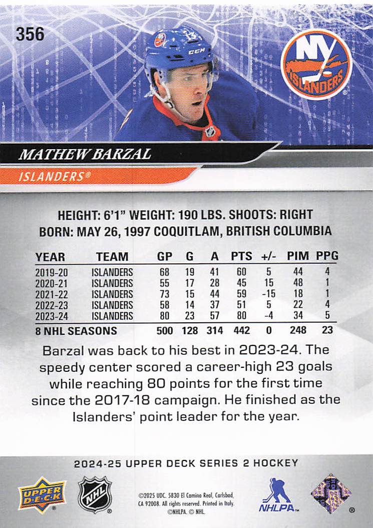2024-25 Upper Deck Hockey Mathew Barzal #356