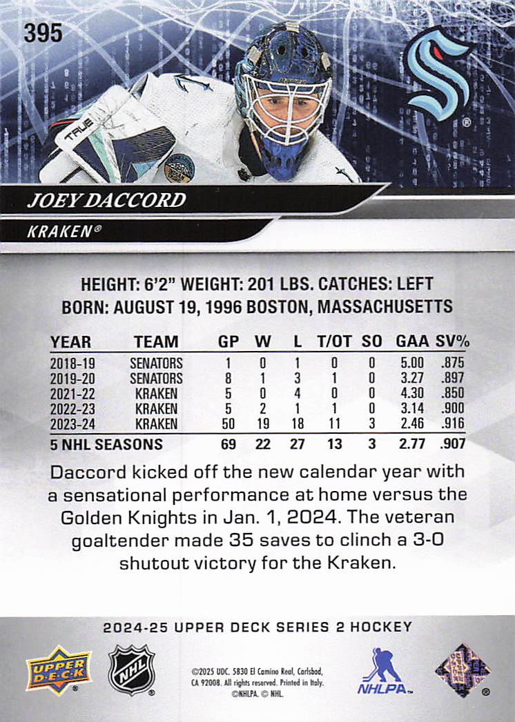 2024-25 Upper Deck Hockey Joey Daccord #395