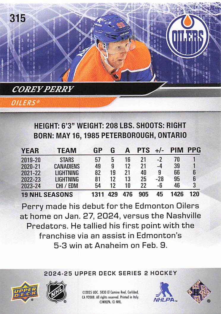 2024-25 Upper Deck Hockey Corey Perry #315