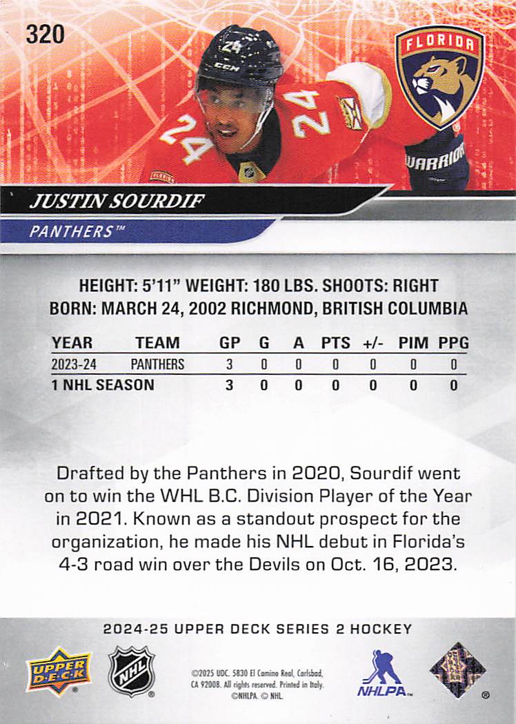 2024-25 Upper Deck Hockey Justin Sourdif #320