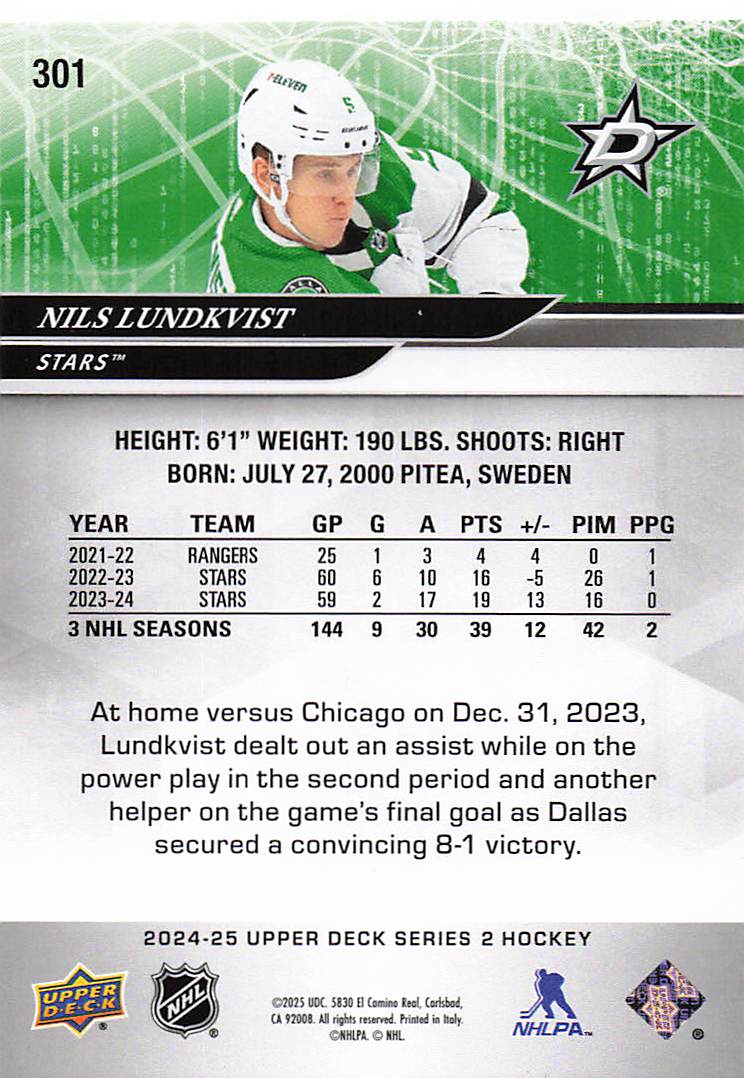 2024-25 Upper Deck Hockey Nils Lundkvist #301