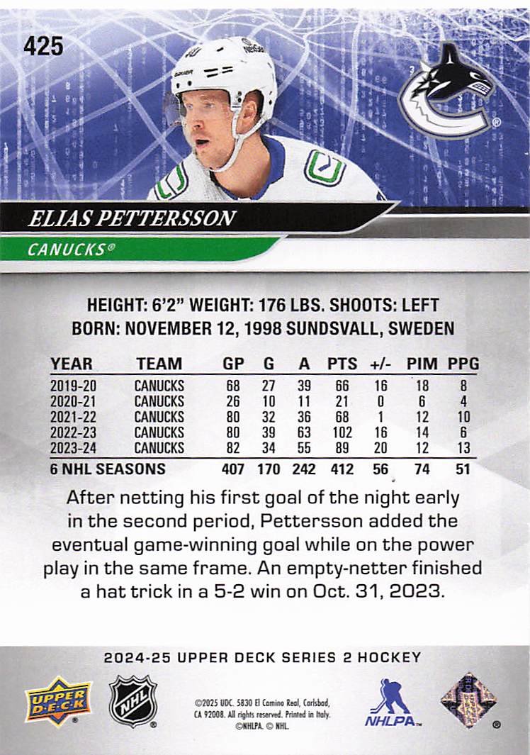 2024-25 Upper Deck Hockey Elias Pettersson #425