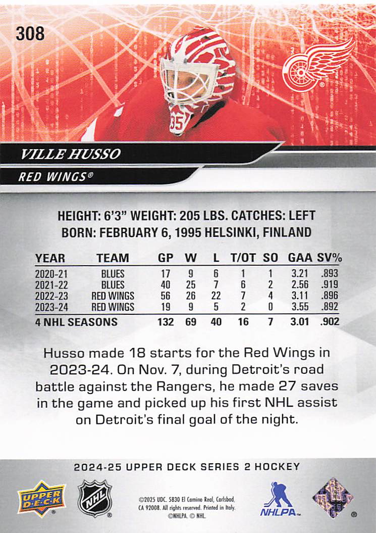 2024-25 Upper Deck Hockey Ville Husso #308