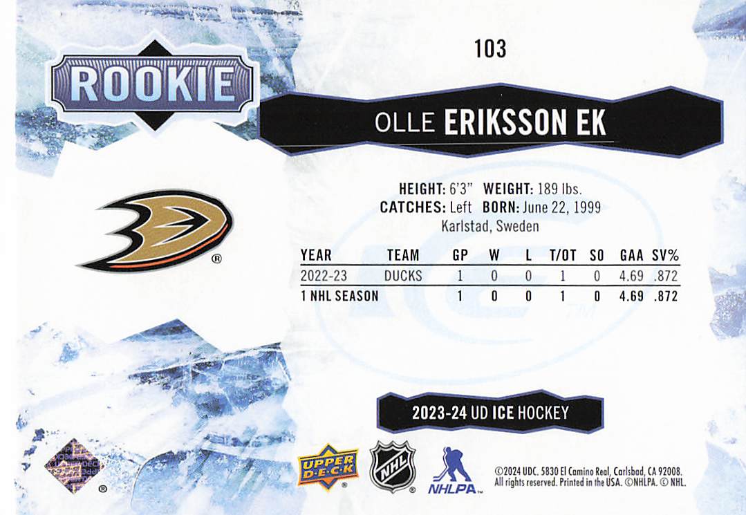 2023-24 Upper Deck Ice Hockey Olle Eriksson Ek #103 Rookie
