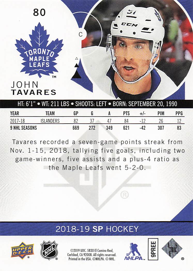 2018-19 SP Hockey Blue John Tavares #80