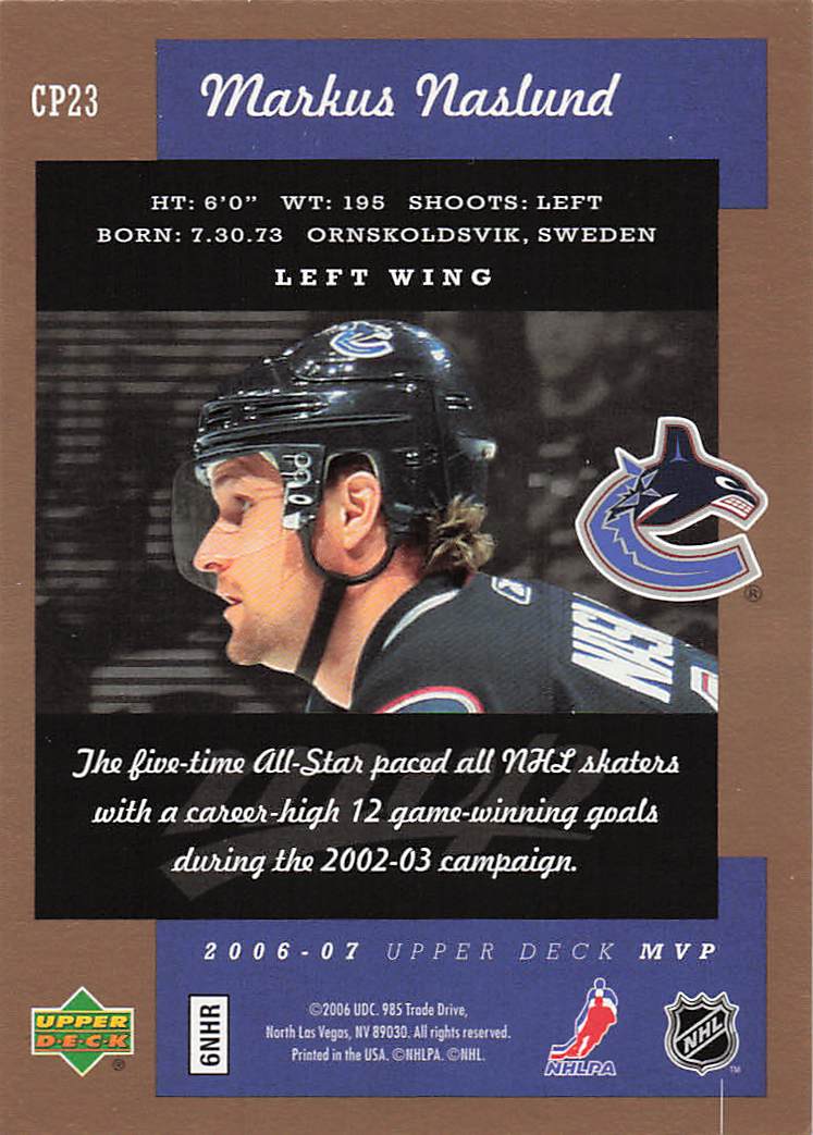 2006-07 Upper Deck MVP Hockey Clutch Performers Markus Naslund #CP23