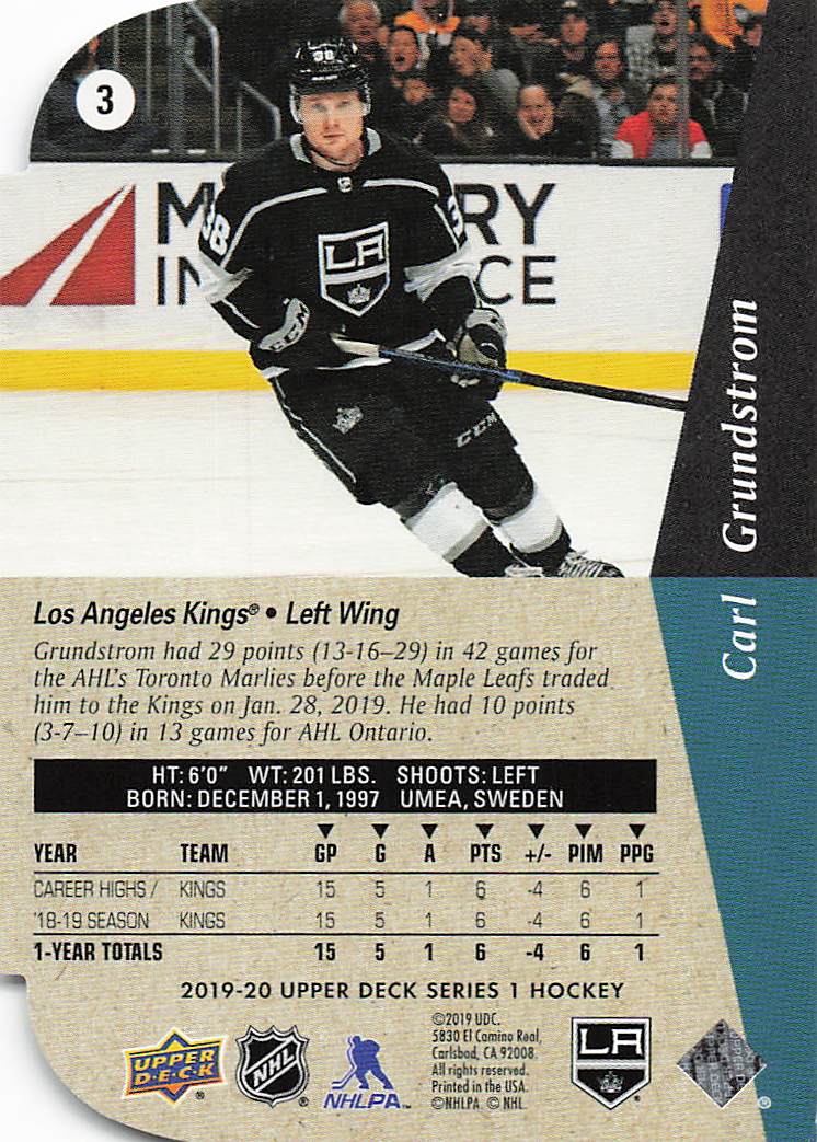 2019-20 Upper Deck Hockey 1994-95 Rookie Tribute Die Cuts Carl Grundstrom #3