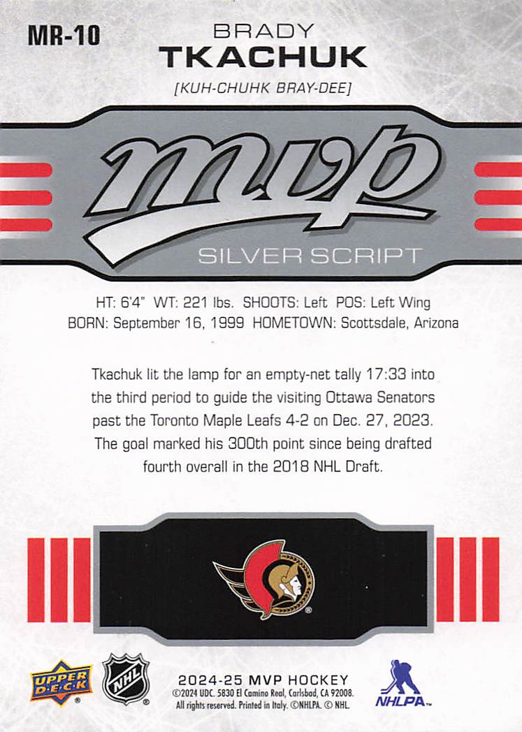 2024-25 Upper Deck MVP Hockey 10th Anniversary Brady Tkachuk #MR-10