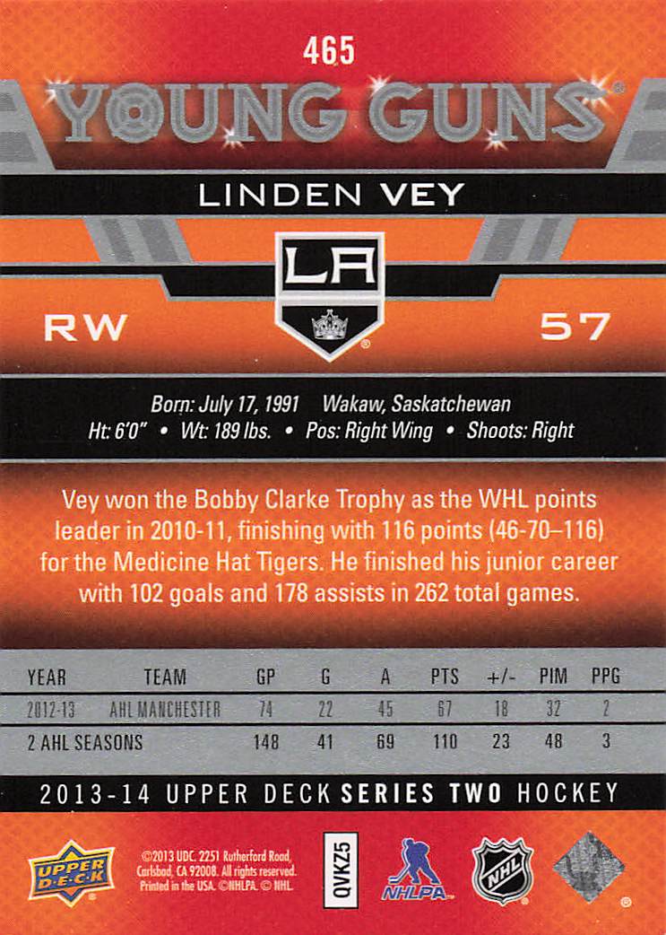 2013-14 Upper Deck Hockey Linden Vey #465 Rookie