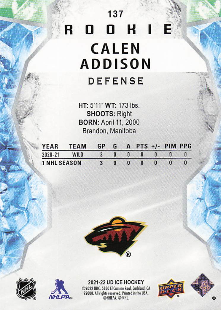 2021-22 Upper Deck Ice Hockey Green Calen Addison #215 Rookie