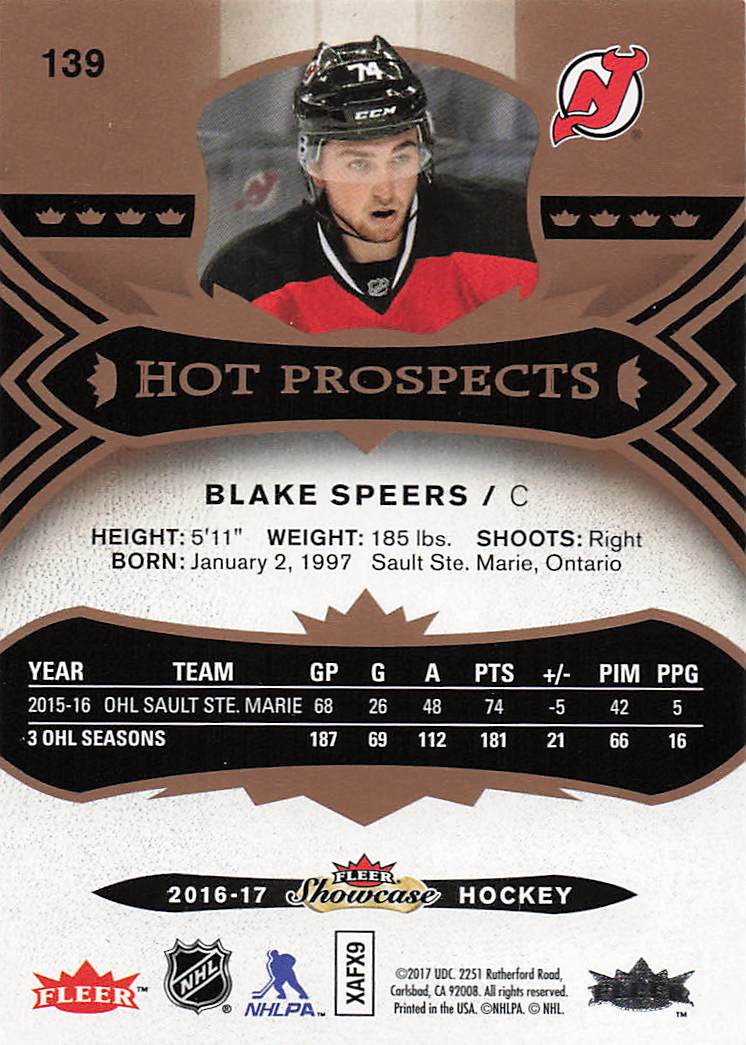 2016-17 Fleer Showcase Hockey 058/399 Blake Speers #139 Rookie