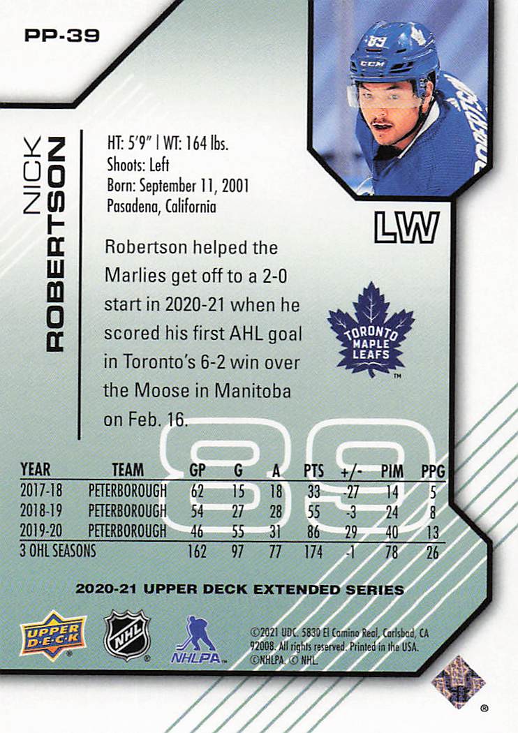 2020-21 Upper Deck Hockey Pros & Prospects 0603/1000 Nick Robertson #PP-39