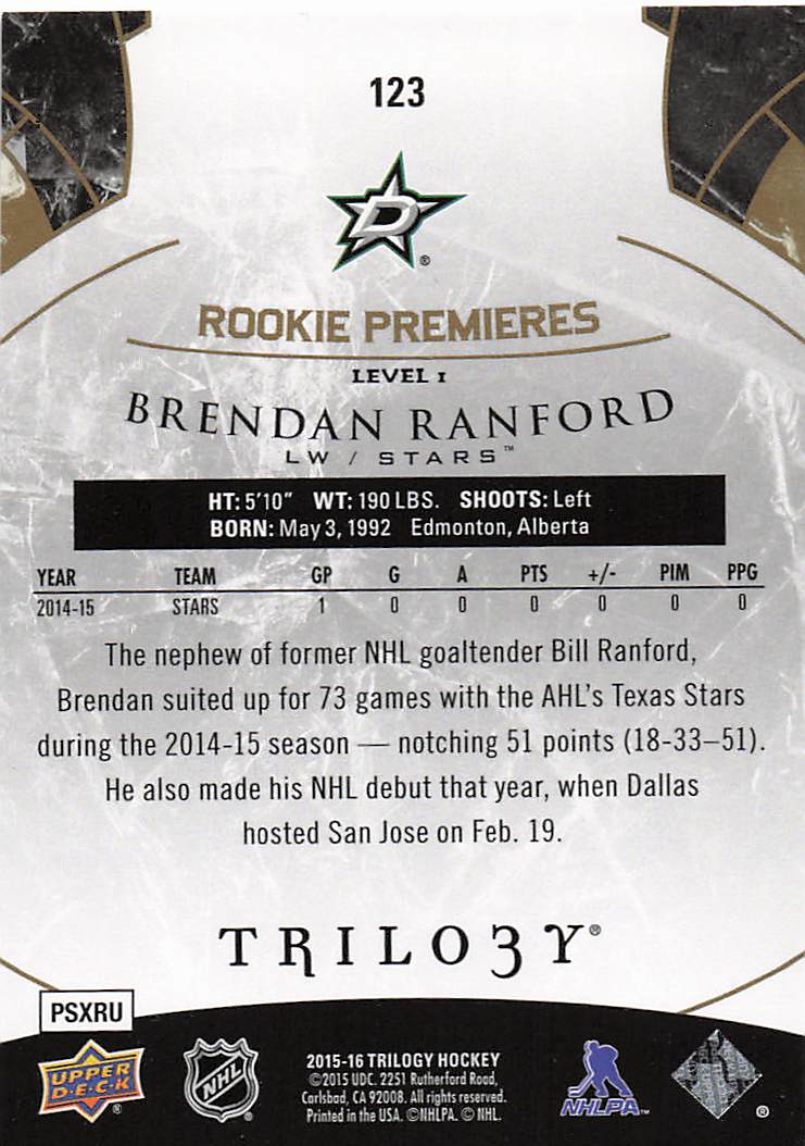 2015-16 Upper Deck Trilogy Hockey 199/999 Brendan Ranford #123 Rookie