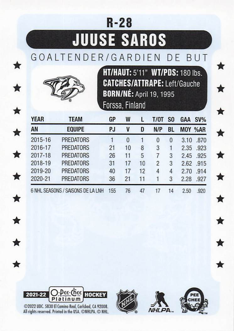 2021-22 O-Pee-Chee Platinum Hockey Retro Juuse Saros #R-28