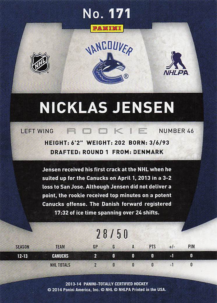 2013-14 Panini Totally Certified Hockey Platinum Blue Nicklas Jensen #171 Rookie