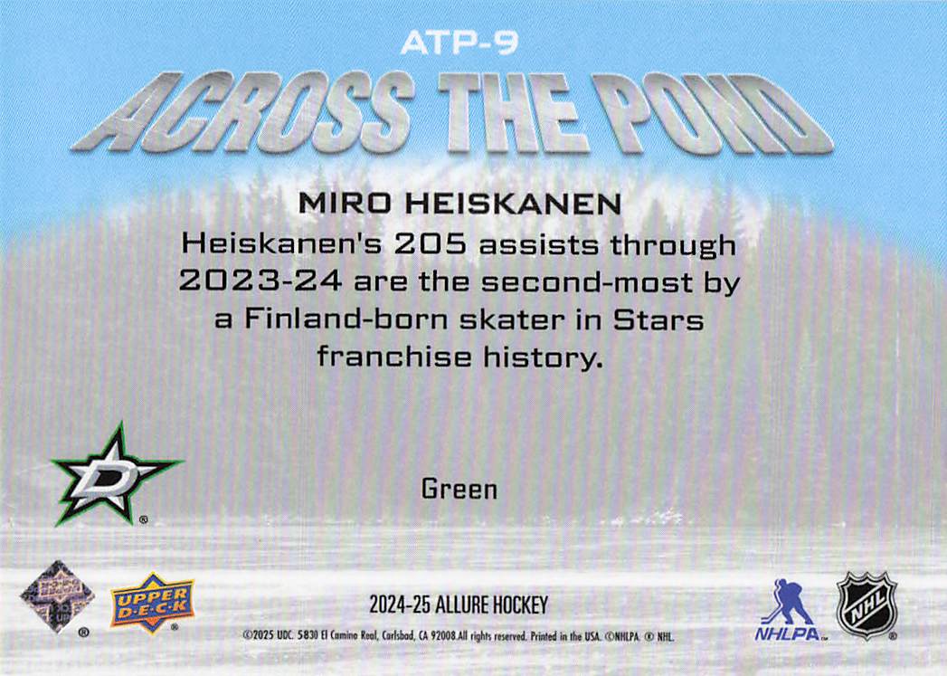 2024-25 Upper Deck Allure Hockey Across the Pond Green Miro Heiskanen #ATP-9