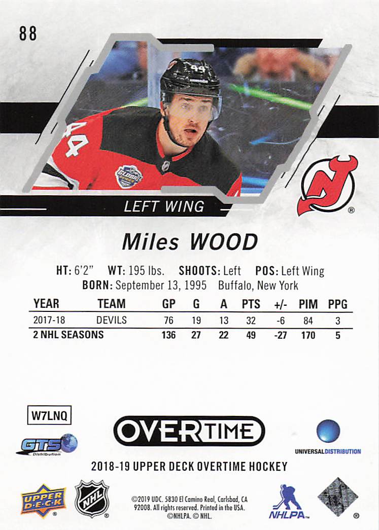2018-19 Upper Deck Overtime Hockey Red 30/99 Miles Wood #88
