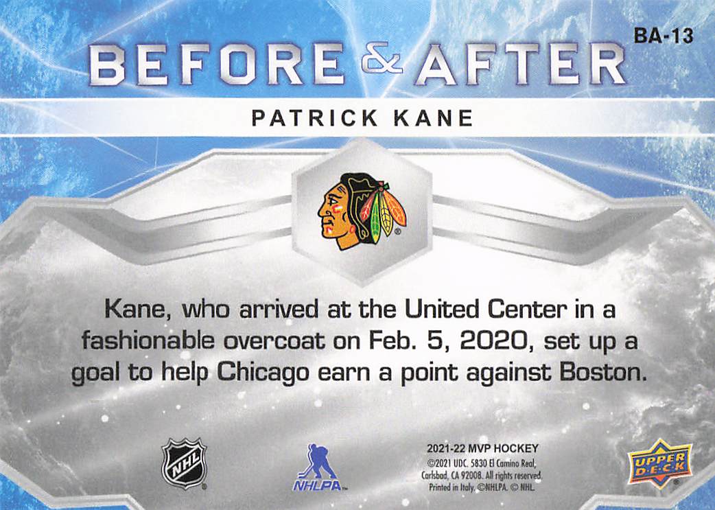 2021-22 Upper Deck MVP Hockey Before and After Patrick Kane #BA-13