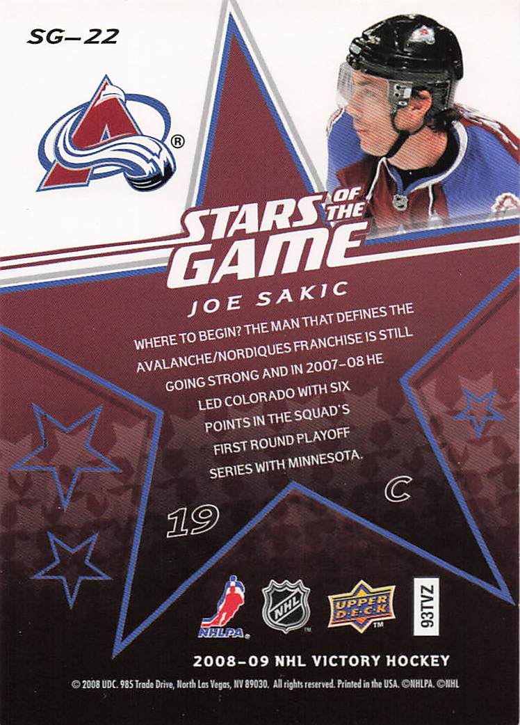 2008-09 Upper Deck Victory Hockey Stars of the Game Joe Sakic #SG-22