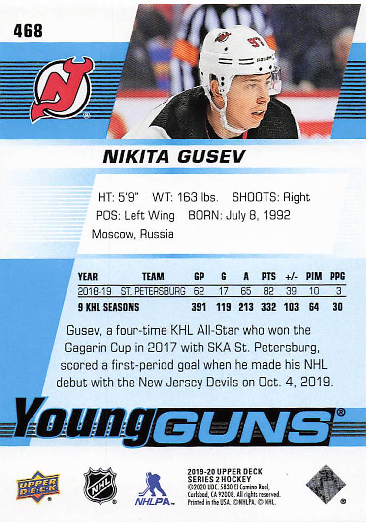 2019-20 Upper Deck Hockey Nikita Gusev #468 Rookie