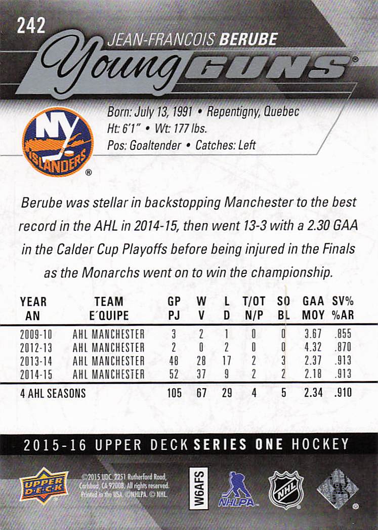2015-16 Upper Deck Hockey Jean-Francois Berube #242 Rookie