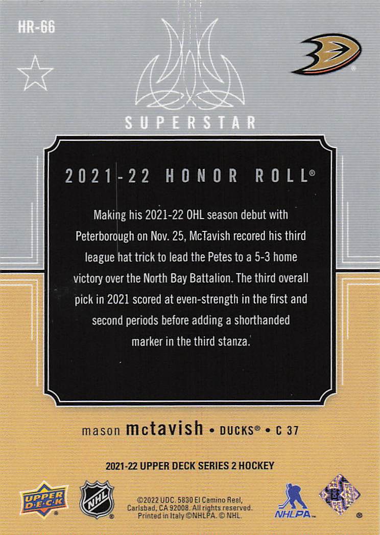 2021-22 Upper Deck Hockey Honor Roll Mason McTavish #HR-66