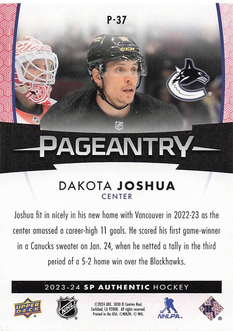 2023-24 SP Authentic Hockey Pageantry Dakota Joshua #P-37