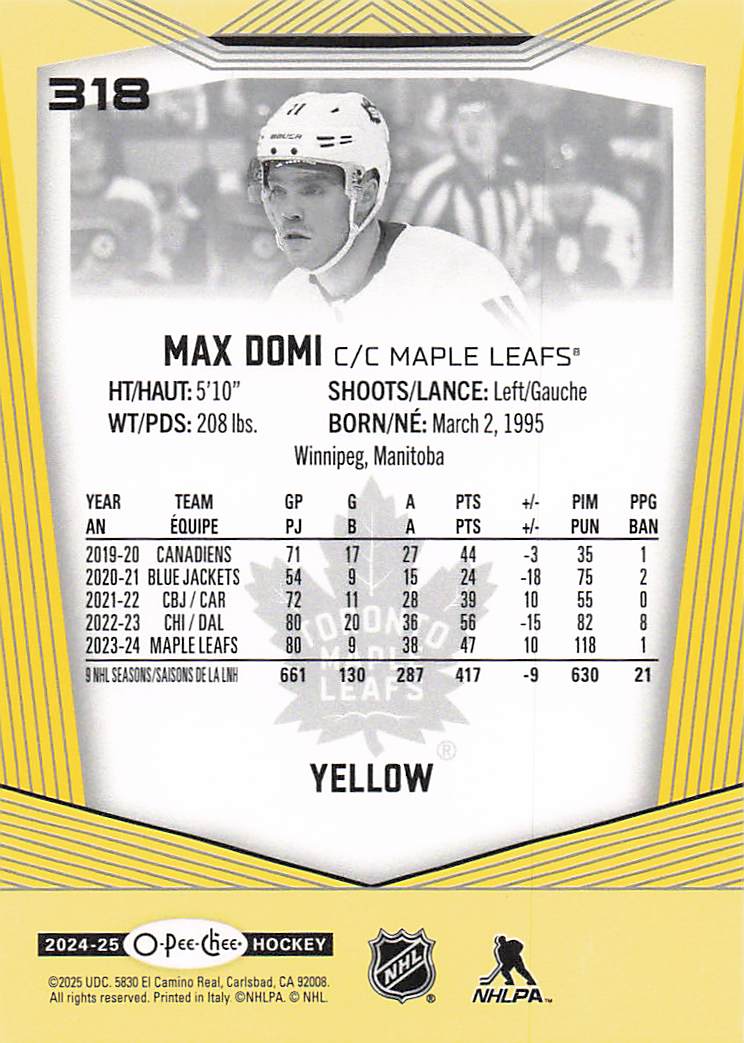 2024-25 O-Pee-Chee Hockey Yellow Border Max Domi #318