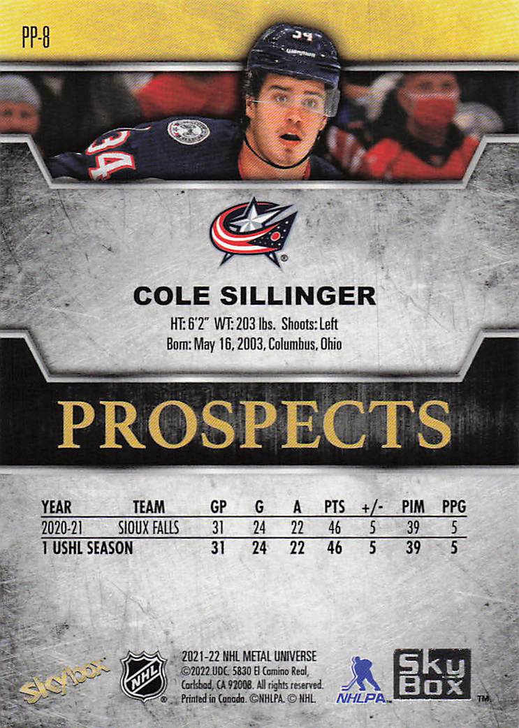 2021-22 SkyBox Metal Universe Skybox Prospects Sapphire Cole Sillinger #PP-8