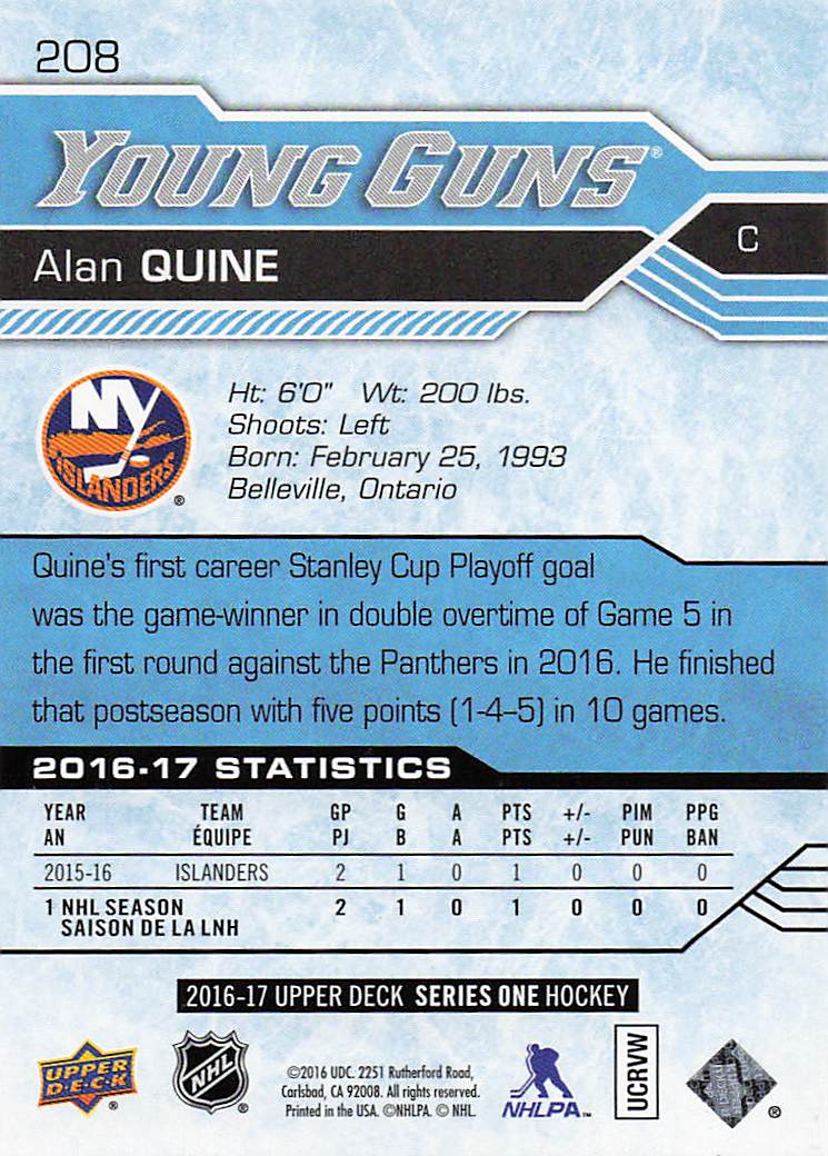 2016-17 Upper Deck Hockey Alan Quine #208 Rookie